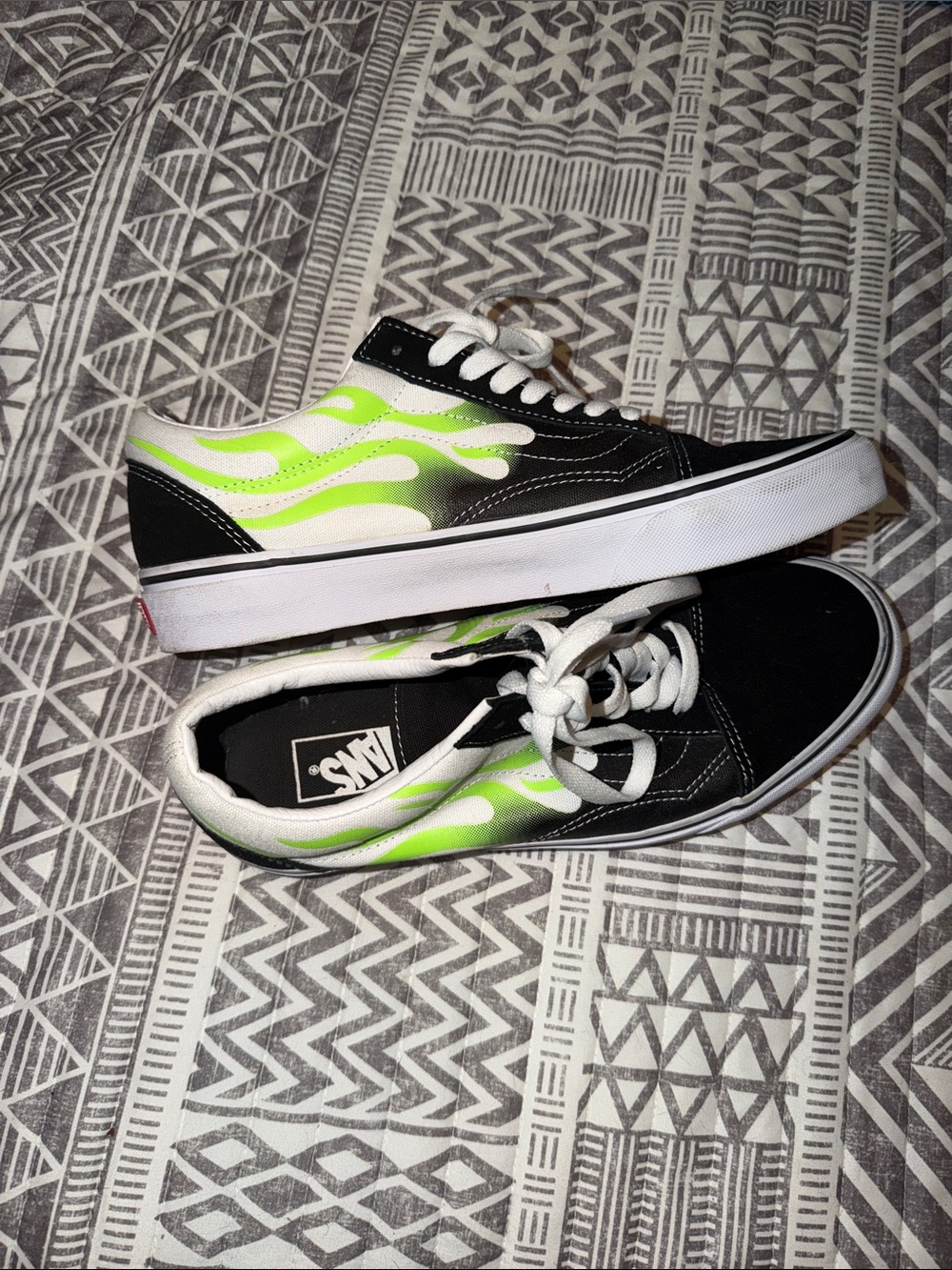 Vans Black Sneakers with Neon Green Flame Accent